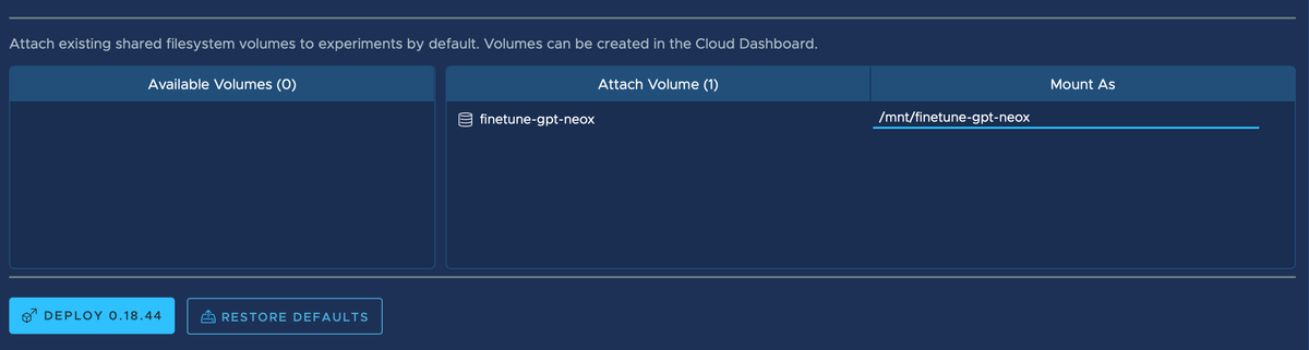 The new `finetune-gpt-neox` volume is mounted to `/mnt/finetune-gpt-neox`